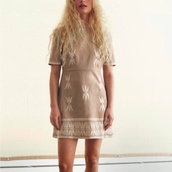 Zara Women’s Beige Embroidered Linen Blend Mini Dress - Picture 1 of 10